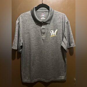 Majestic Men's Cool Base Milwaukee Brewers Polo Shirt Size L Gray /White Striped